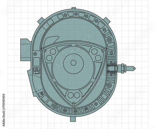 An internal combustion motor. In the drawing engine of the machine, the section illustrates the inner structure - the cylinders, pistons, the spark plug.
