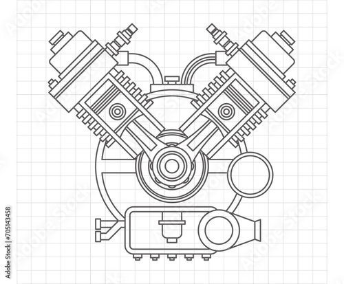 An internal combustion motor. In the drawing engine of the machine, the section illustrates the inner structure - the cylinders, pistons, the spark plug.