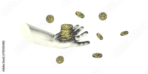 Collage with halftone-style hand statue. Minimalist cash savings metaphor concept finance-themed. Idea for banner composition with coins. Cutouts magazine. Vector illustration