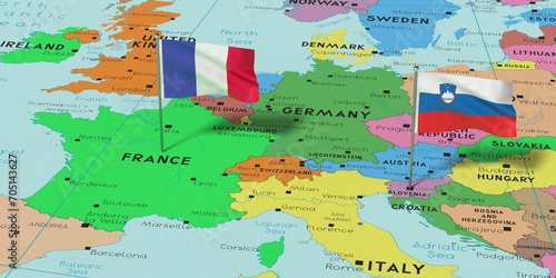 France and Slovenia - pin flags on political map - 3D illustration