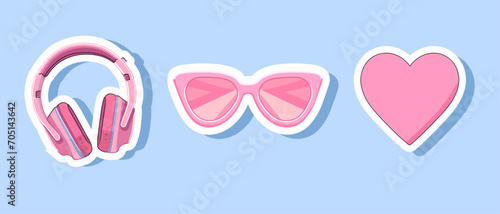 Set Female pink cute accessories isolated illustration girl wears headphone. glasses heart illustration for party poster or stickers. Girl power, glamour illustration barbiecore 