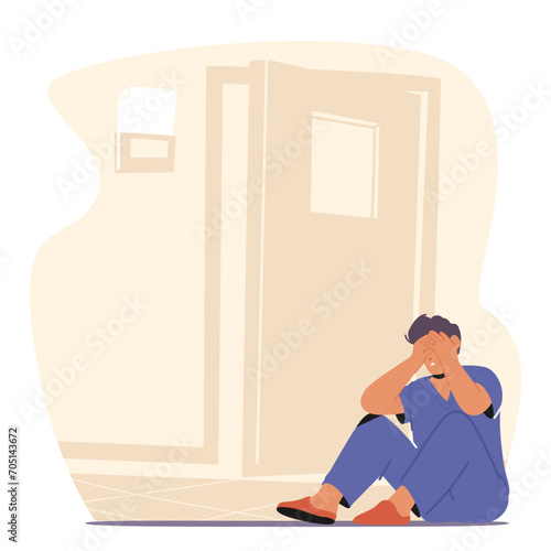 Exhausted And Despondent Doctor Character Sits On The Floor Beside The Cabinet Door, Burdened By The Weight Of Fatigue