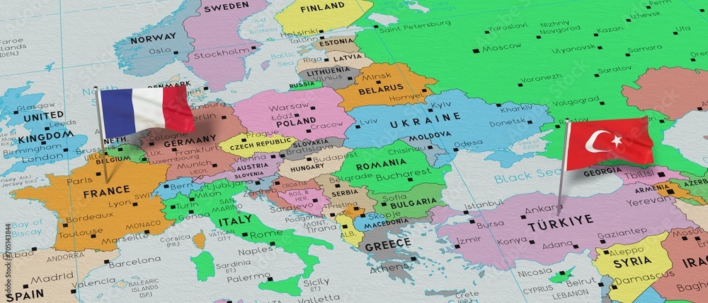 France and Turkyie - pin flags on political map - 3D illustration