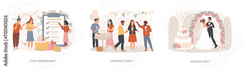 Entertainment service isolated concept vector illustration set. Event management, corporate and wedding party, meeting organizer, planning service, team building, celebration vector concept.