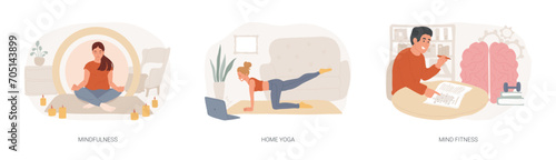 Mental health isolated concept vector illustration set. Mindfulness, home yoga, mind fitness, self-consciousness, focusing and releasing stress, anxiety treatment, quarantine vector concept.