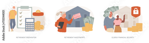 Retirement financial planning isolated concept vector illustration set. Retirement preparation, investments and elderly financial security, retiree budget, pension account, seniors vector concept.