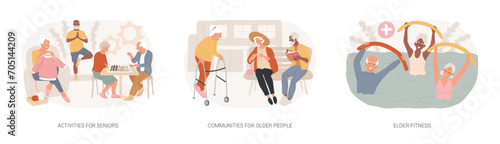 Retiree lifestyle isolated concept vector illustration set. Activities for seniors, communities for older people, elder fitness, nursing home, health support, social activity vector concept.