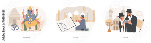 World religions isolated concept vector illustration set. Hinduism, Islam and Judaism, god vishnu ganesh, prophet muhammad, orthodox jewish, star of david, shiva krishna, god allah vector concept.