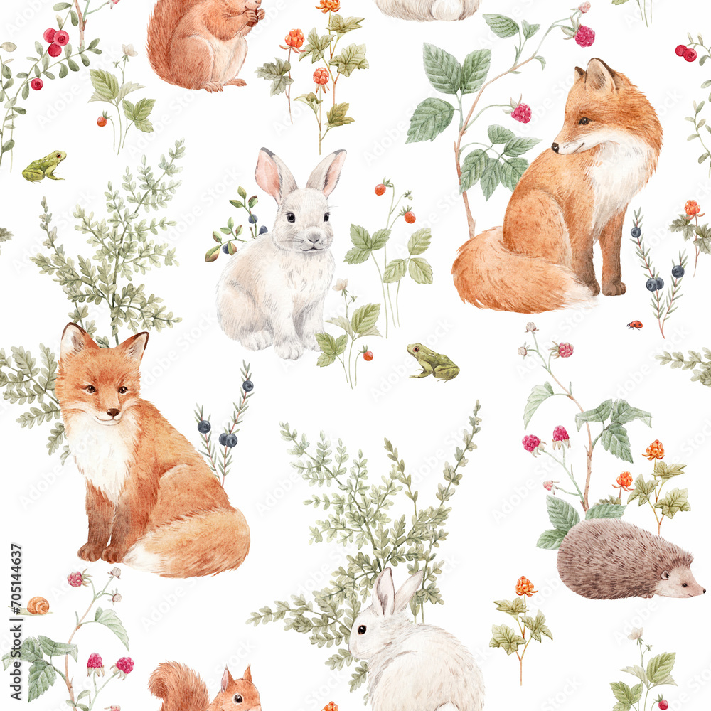 Fototapeta premium Beautiful seamless pattern with hand drawn watercolor forest fox hare hedgehog and squirrel animals and plants with berries. Stock illustration. Popular design.