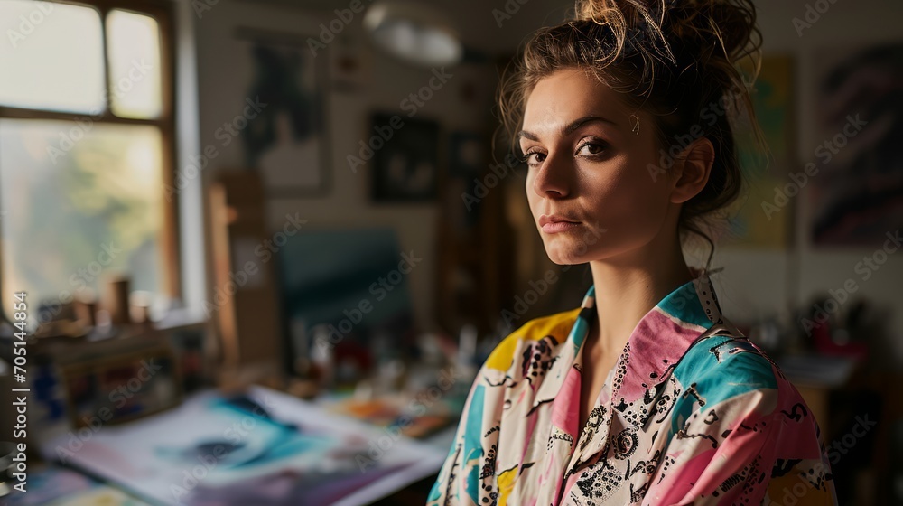Portrait of a female artist working on several art projects on her studio