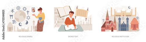 Religious practice isolated concept vector illustration set. Religious symbol, sacred text, religious institution, catholic church, holy book, torah, latin cross, star of david vector concept.