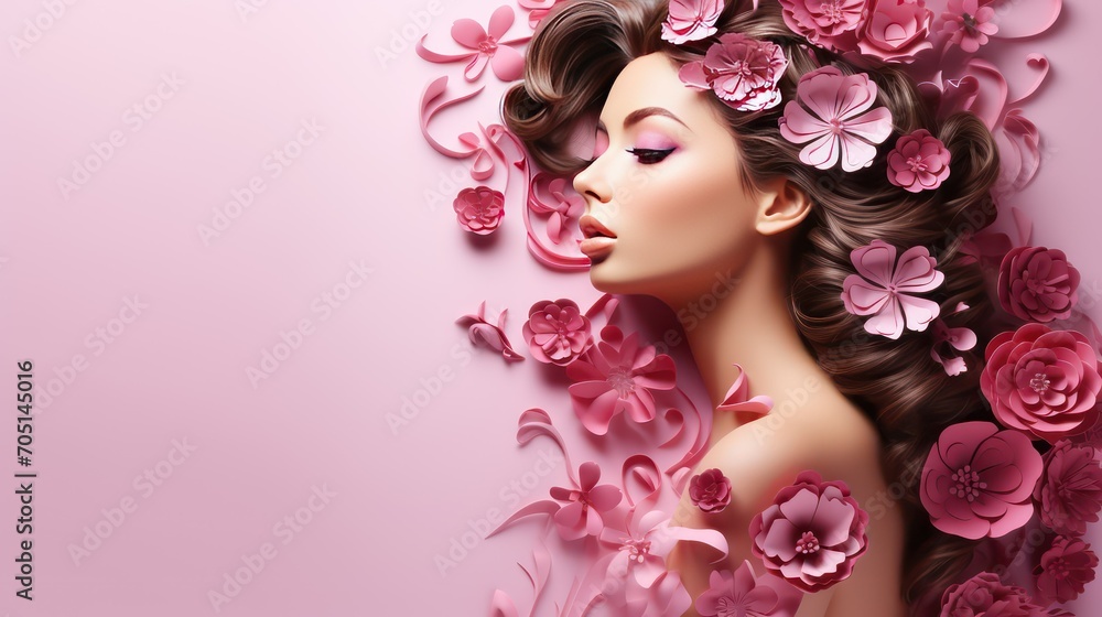 Happy Woman Day. Beautiful young woman with flowers in hair on pink background