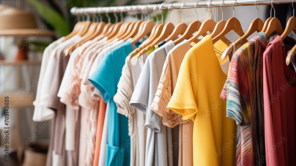 Obraz premium clothes in shop, Trendy cotton female clothes display on mannequin in clothes shop. Summer collection fashion product samples in clothing store for selling, Ai generated image