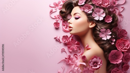 Happy Woman Day. Beautiful young woman with flowers in hair on pink background © Bilal