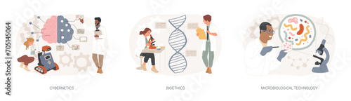 Biological science isolated concept vector illustration set. Cybernetics and bioethics, microbiological technology, robotic industry, medical ethics and biotech research, laboratory vector concept.