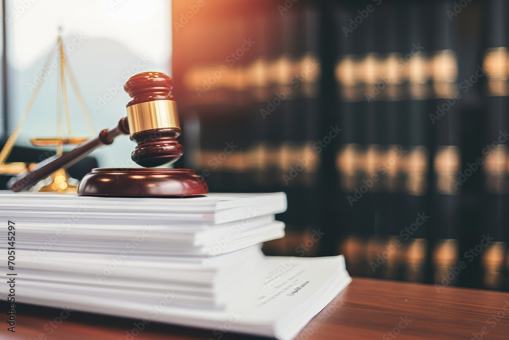 A wooden gavel and legal documents on a desk in a courtroom, symbolizing law and justice. - obrazy, fototapety, plakaty 