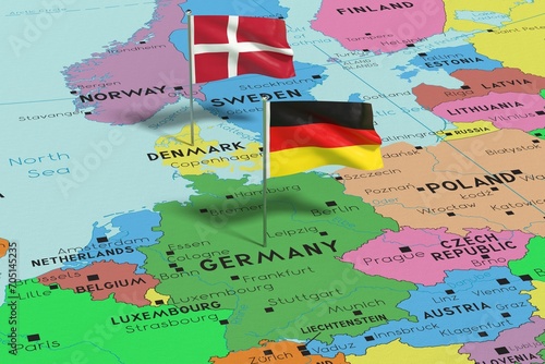 Germany and Denmark - pin flags on political map - 3D illustration