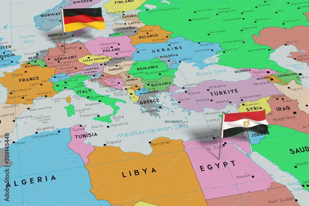 Obraz premium Germany and Egypt - pin flags on political map - 3D illustration