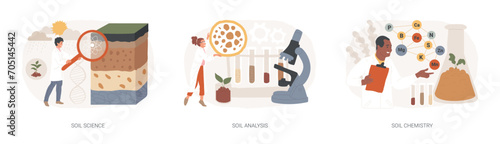 Soil properties isolated concept vector illustration set. Soil science, agricultural analysis and chemical laboratory service, land management, natural resource study and testing vector concept.