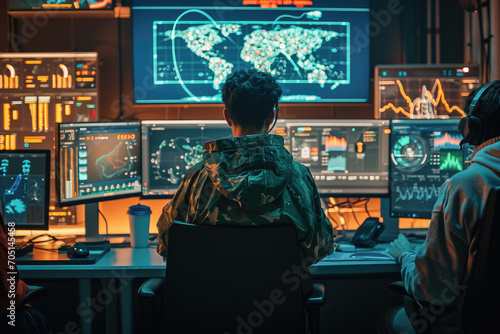 A team of tech professionals monitors cyber security and network operations on multiple computer screens in a high-tech office.