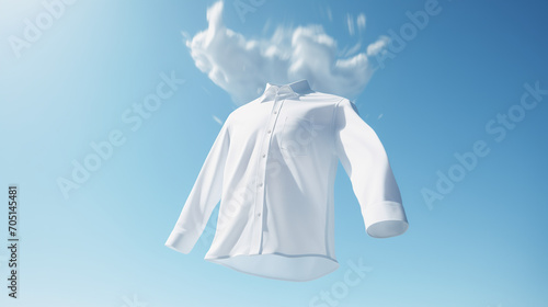 White shirt with ghost model floating in blue background. Snow-white shirt flies in the sky against the clouds. Perfectly white clothes after washing, without human body. Bleach, laundry, dry, Ai