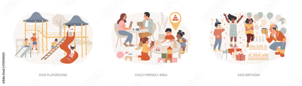 Children entertainment isolated concept vector illustration set. Kids playground, child friendly area, kids birthday, family restaurant, shopping mall, party ideas, celebration vector concept.