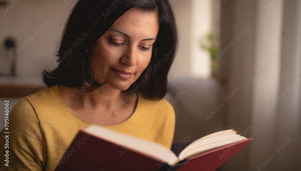 Adult woman is reading a book at home Adult woman is reading a book at home