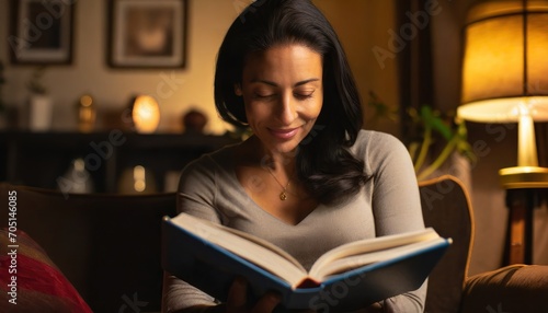 Adult woman is reading a book at home