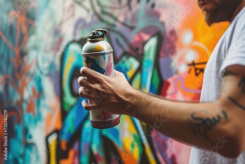 Man as a graffiti artist, spray cans in hand, urban art photo