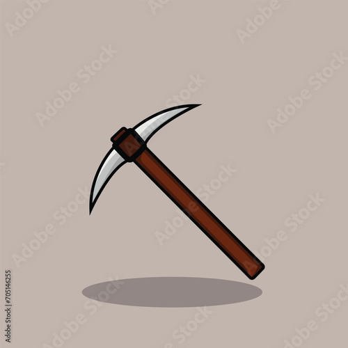 Crypto mining tool vector Wooden pickaxe and gold nugget pile, the ore in cartoon style isolated on white background. Mine, a digging concept. Handle tool, and instrument.
