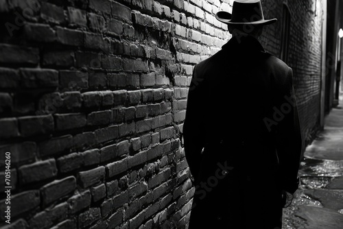 Man as a noir film detective, trench coat, shadowy alley photo