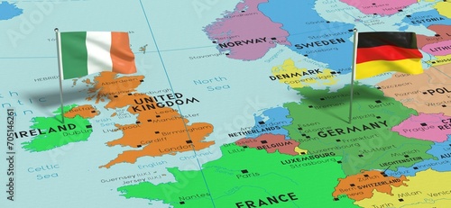 Germany and Ireland - pin flags on political map - 3D illustration