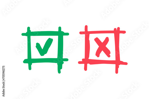 green check mark, red cancel mark. hand drawn approval and cancellation symbols