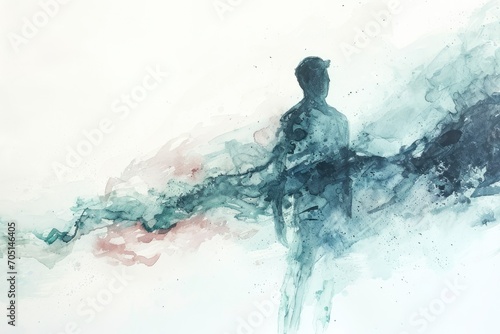 Man emerging from a watercolor painting, brush strokes visible