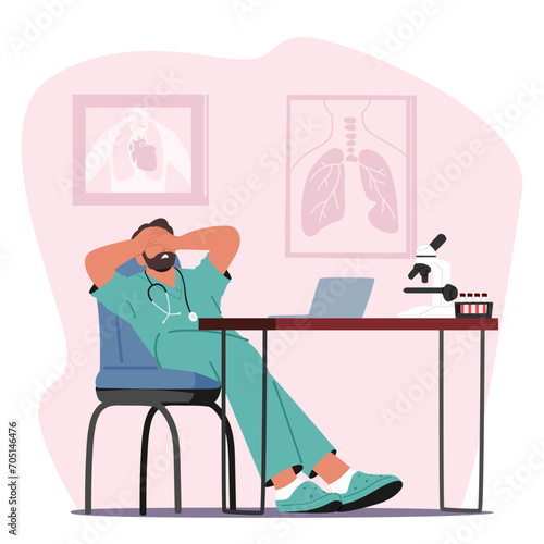 Weary And Disheartened Doctor Slouches In His Office, Burdened By Exhaustion And Sorrow, Vector Illustration