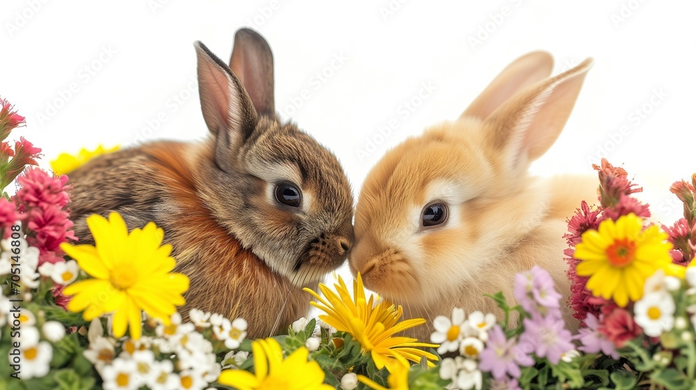 Cute baby Easter bunnies with a bouquet of yellow and red flowers on white background. Cute baby Easter bunnies with a bouquet of yellow and red flowers on white background.