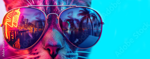 Trendy cat with mirrored sunglasses. Cool vacation vibes. Trendy fashionable neon colors.