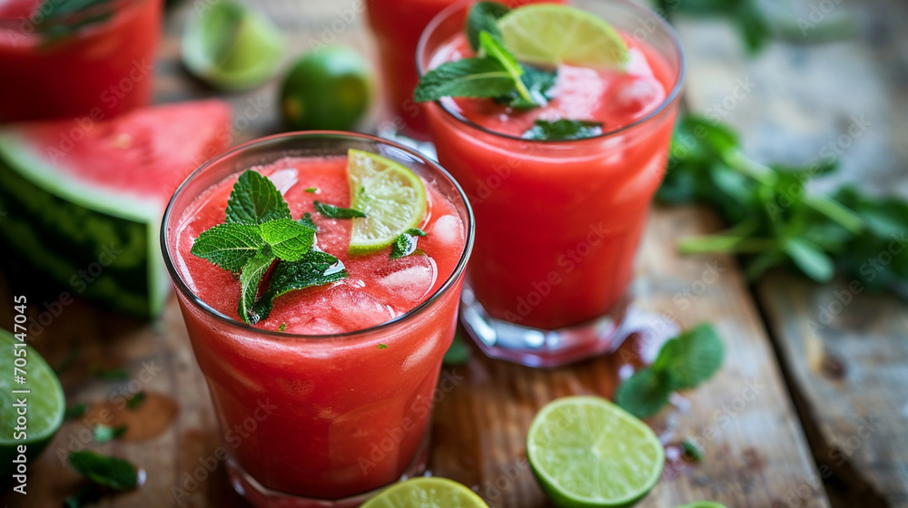 Close up of fresh watermelon juice or cocktail in glasses with pieces of watermelon. A refreshing summer drink Close up of fresh watermelon juice or cocktail in glasses with pieces of watermelon. A refreshing summer drink