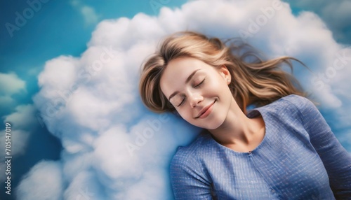 Cute young beautiful white woman sleeping on a cloud