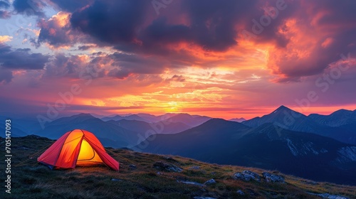 Glowing orange tent in the mountains under dramatic evening sky. Red sunset and mountains in the background. Summer landscape