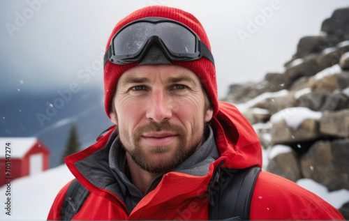 A mountaineer man climbs a mountain in winter wearing a red jacket with a hood. out in the freezing cold weather on a mountain to the top of the mountain in winter, in a snowstorm © DJSPIDA FOTO