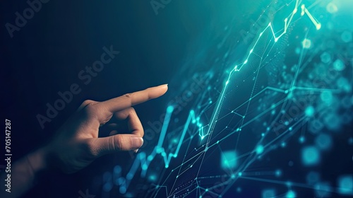 Hand pointing at abstract upward digital chart arrow on blue background. Finance concept