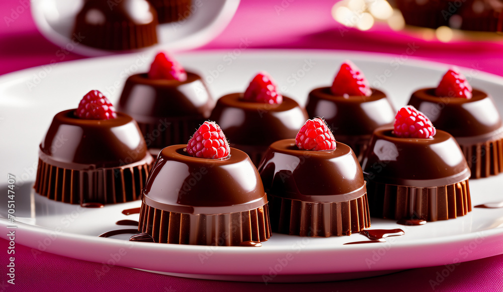 chocolate pralines glistening with a glossy with raspberry, plate of chocolates and raspberries ,pralines background