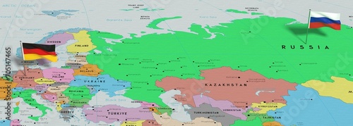 Germany and Russia - pin flags on political map - 3D illustration