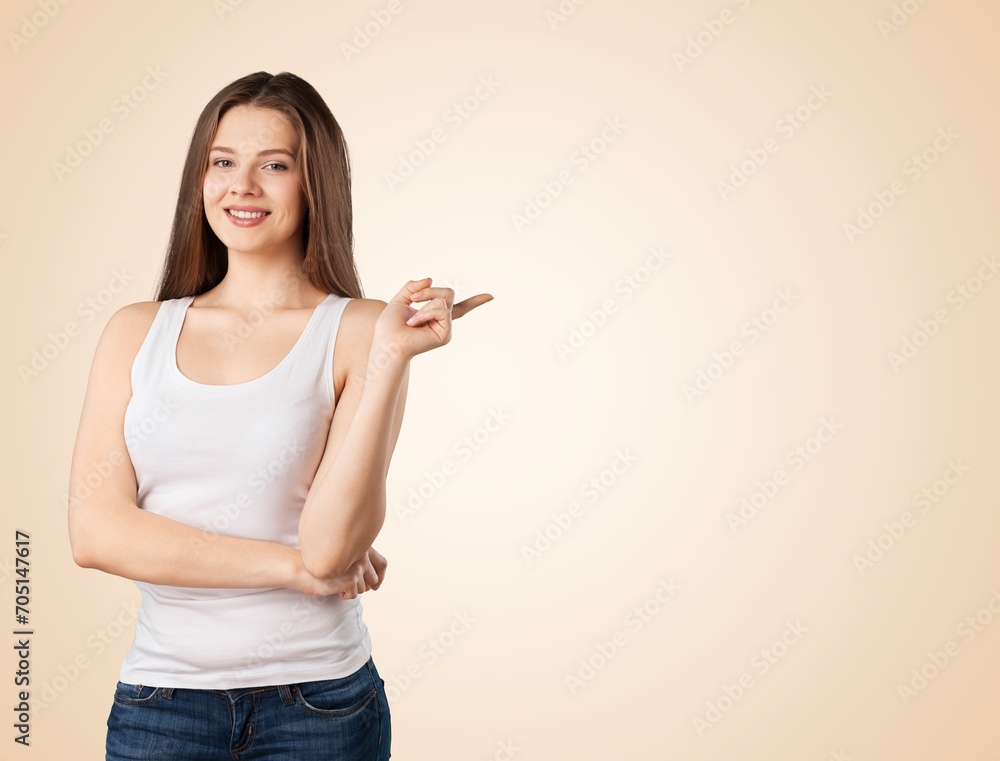 pretty young woman standing pointing finger pretty young woman standing pointing finger