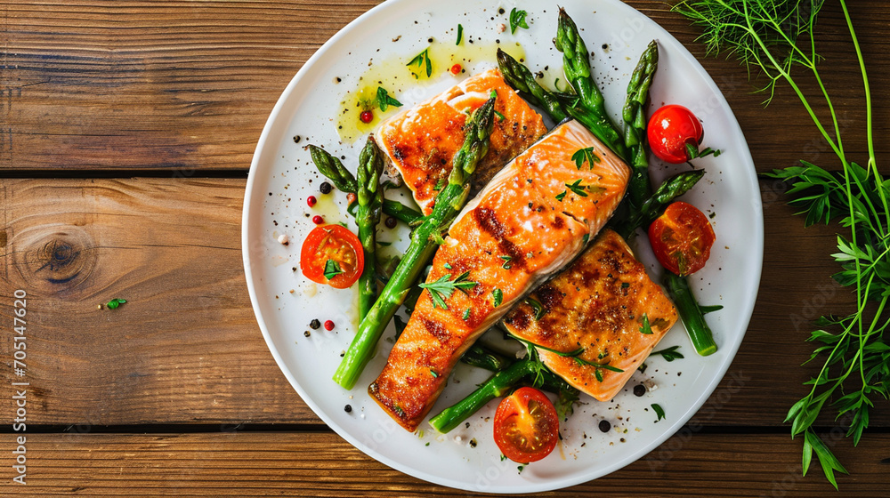 Grilled salmon steak with asparagus and cherry tomatoes on a white plate. Grilled salmon steak with asparagus and cherry tomatoes on a white plate.