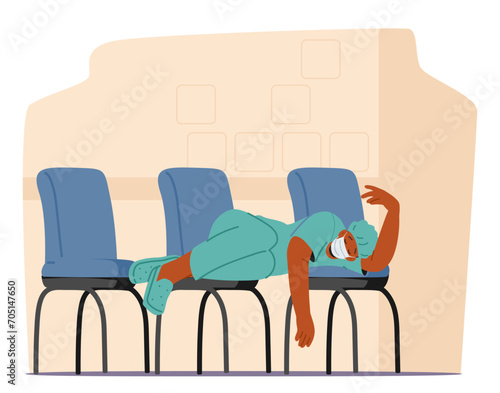 Exhausted Doctor, Draped In Fatigue, Seeks Solace On Clustered Chairs, Finding Respite Amidst The Quiet Hum Of Hospital
