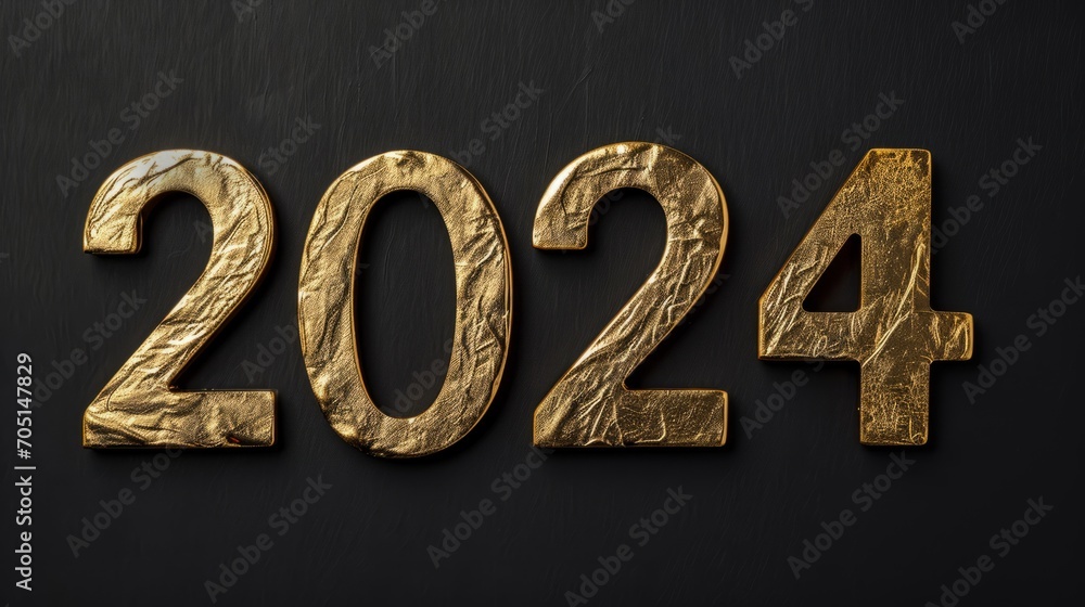 Silvester New Year, New Year's Eve 2024 party event celebration holiday greeting card template - Closeup of gold glittering metal metallic 3d year number, isolated on black table texture background Silvester New Year, New Year's Eve 2024 party event celebration holiday greeting card template - Closeup of gold glittering metal metallic 3d year number, isolated on black table texture background