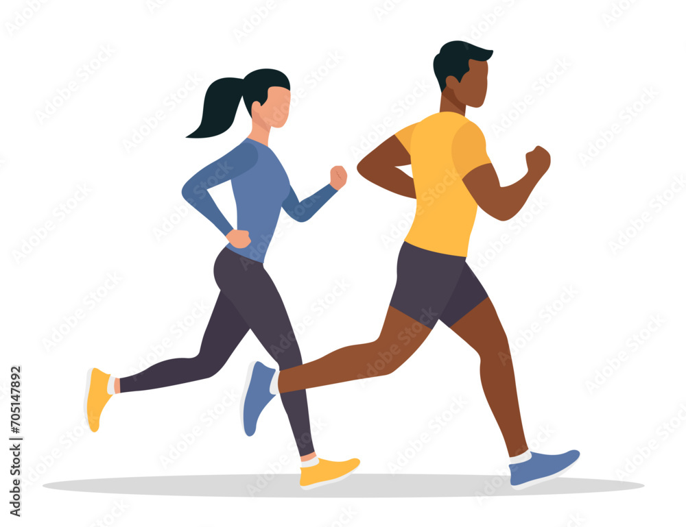 Vector running man and woman. Flat design.	Isolated on a white background.

