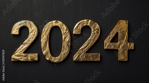 Silvester New Year, New Year's Eve 2024 party event celebration holiday greeting card template - Closeup of gold glittering metal metallic 3d year number, isolated on black table texture background photo